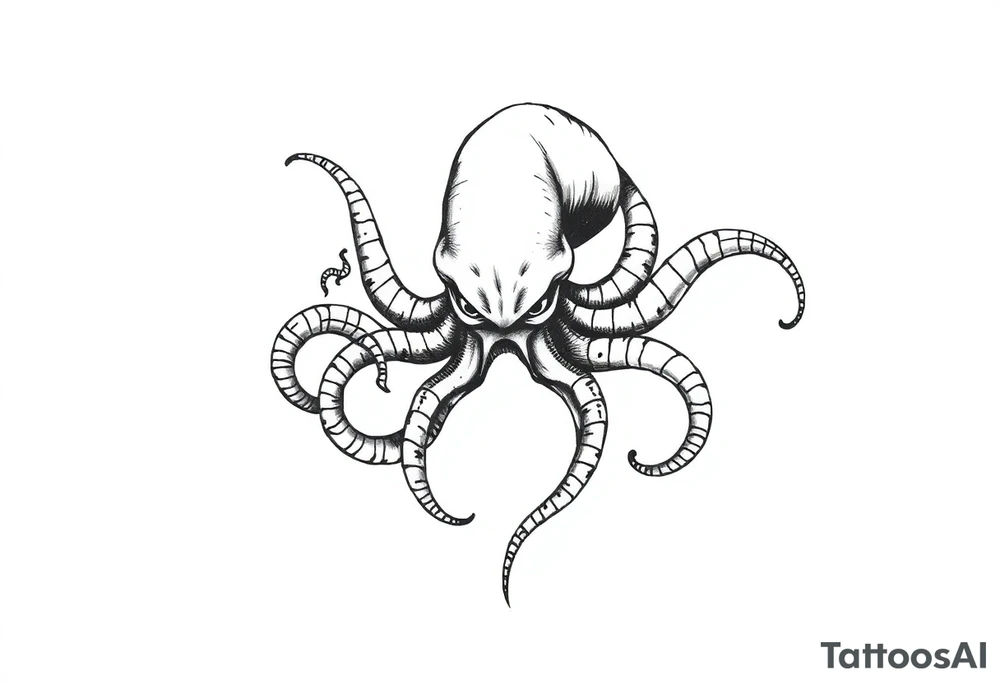 A minimalist blackwork tattoo design of an evil kraken The kraken is viewed from a 45-degree angle facing left, with its head centered. tattoo idea