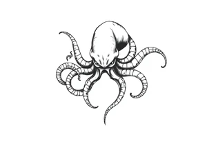 A minimalist blackwork tattoo design of an evil kraken The kraken is viewed from a 45-degree angle facing left, with its head centered. tattoo idea