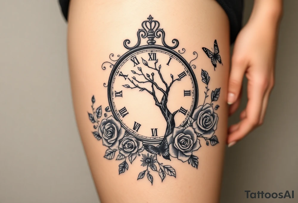 a big clock, poisoned tree, big and small roses, big and small butterflies tattoo idea