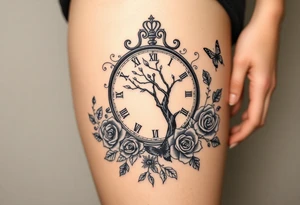 a big clock, poisoned tree, big and small roses, big and small butterflies tattoo idea