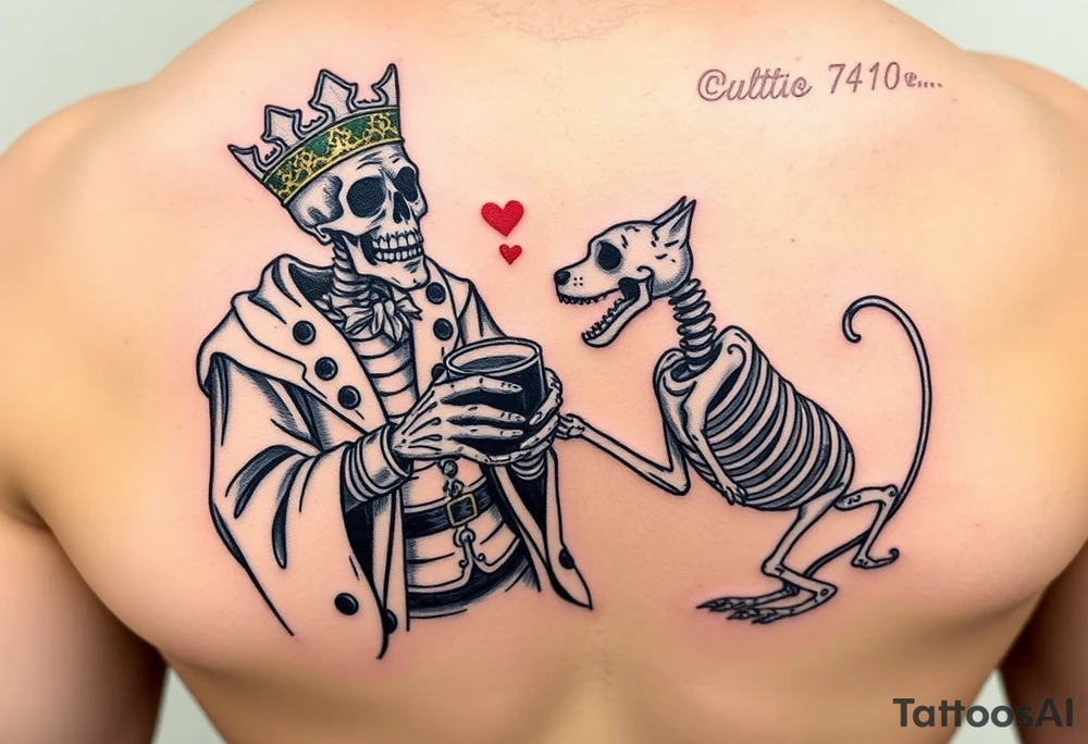 evil skeleton king in clothes having a good time getting drunk with skeleton dog tattoo idea