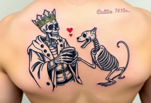 evil skeleton king in clothes having a good time getting drunk with skeleton dog tattoo idea