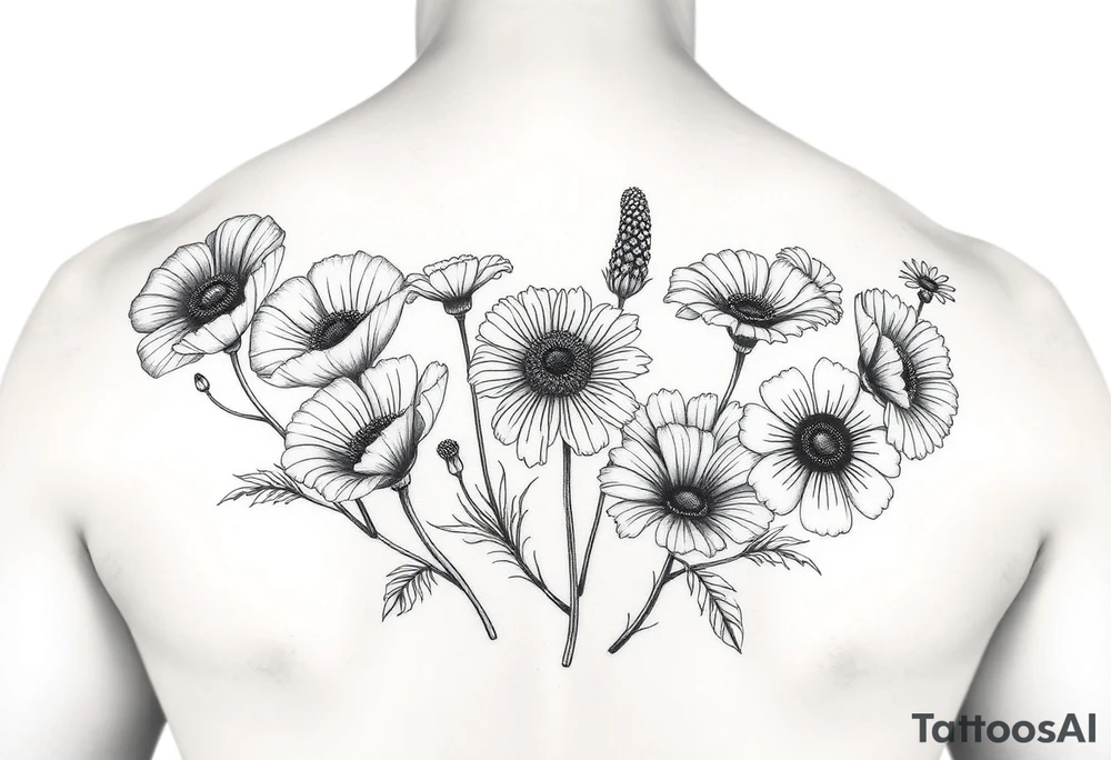 Create an image of an upper arm tattoo (from shoulder cap to just above the elbow) comprised of California poppies, California blackberries, gray’s lupine, marsh marigold, Indian paintbrush, one daisy, and an orange and orange blossom tattoo idea