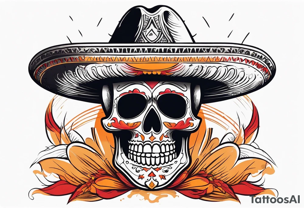 Mexican skull with sombrero with smoke coming out of the bottom orange and red tattoo idea