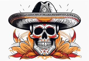 Mexican skull with sombrero with smoke coming out of the bottom orange and red tattoo idea