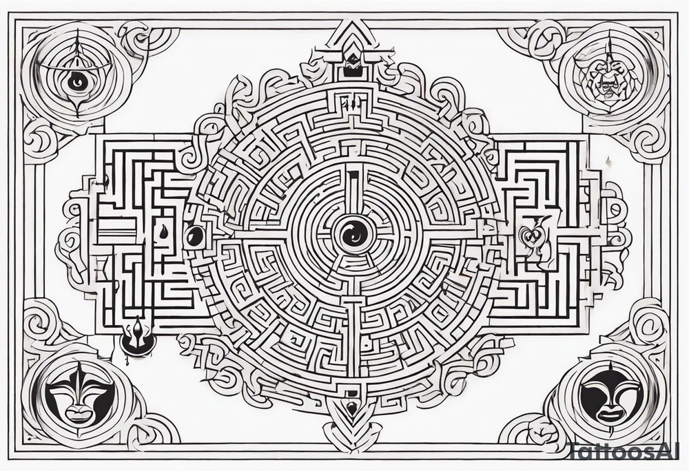 Labyrinth with symbols of bells and masquerade tattoo idea