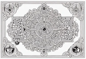 Labyrinth with symbols of bells and masquerade tattoo idea