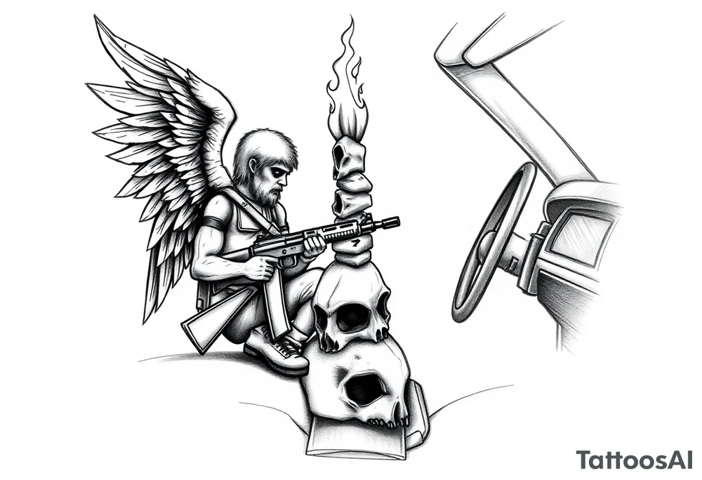 gangster angel sitting on the rocker panel of the drivers seat, holding an AK47, watching a huge flame burning a stacked skull of a rabbit and a chicken. tattoo idea