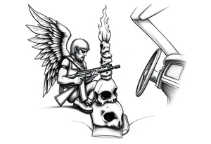 gangster angel sitting on the rocker panel of the drivers seat, holding an AK47, watching a huge flame burning a stacked skull of a rabbit and a chicken. tattoo idea