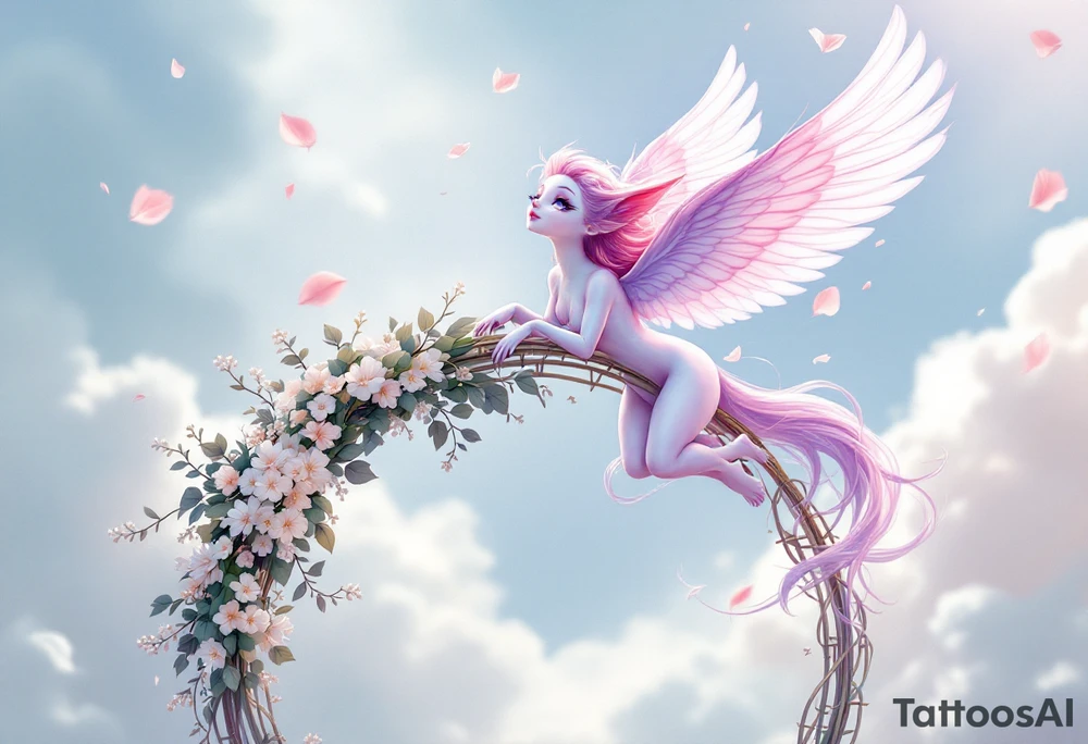 Skye flying gracefully above a wedding arch, her wings shimmering in soft pink and lavender hues, with delicate petals falling around her. The arch is adorned with ivy and small white flowers, symbolizing love and unity. tattoo idea