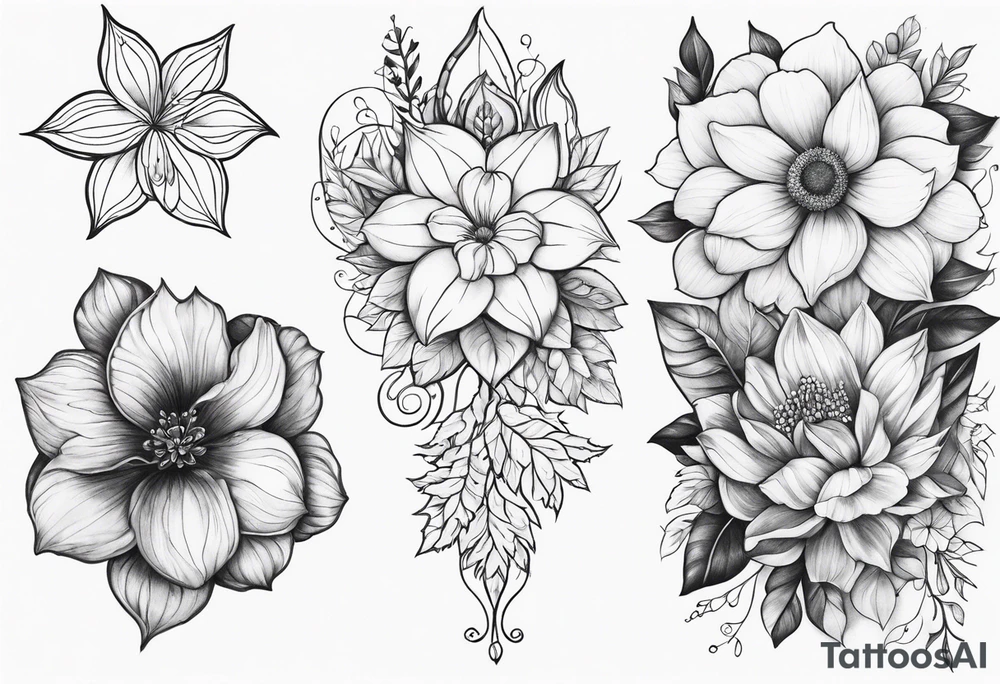 may, june, july september, october, december month flowers black and white half sleeve tattoo tattoo idea