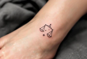 A tiny star constellation in white from inside a black-ink outline of Libra symbol on the ankle. tattoo idea