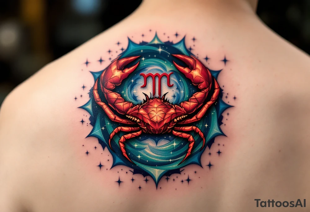 The Cancer zodiac sign in bold red sits at the heart of a swirling indigo and emerald star constellation. tattoo idea