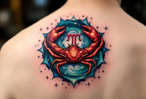 The Cancer zodiac sign in bold red sits at the heart of a swirling indigo and emerald star constellation. tattoo idea
