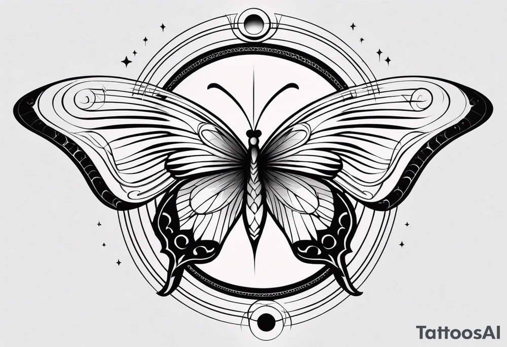 A minimalist black and white butterfly, symmetrical design with the sun subtly incorporated into one wing and the moon in the other, fire and water elegantly woven into opposite wings, and air and earth elements mirrored in the remaining wings. The overall design is simple, feminine, and balanced, with all elements symmetrically integrated. tattoo idea