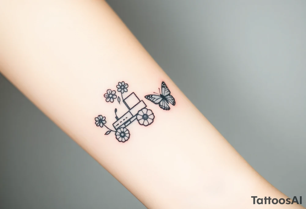A small feminine tractor with 2 flowers on it and butterfly tattoo idea