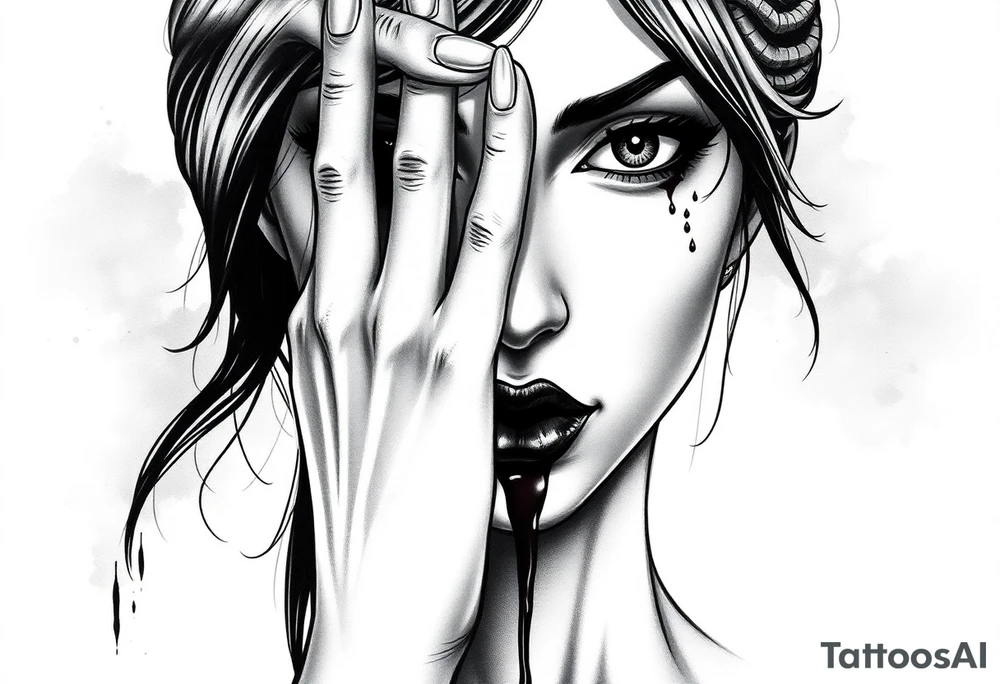 Black and grey realism tattoo design of a beautiful woman's face. Her right hand covers her eyes (see no evil), her left index finger is at her lips (speak no evil). Her ears are dripping blood that is steaming down her neck and cheek. The style is black and grey realism, hyper-realistic, dark, and evil. Incorporate ninja gear elements and mechanical details (gears) subtly into the background or clothing for a gear ninja evil look. Design for a full forearm sleeve placement tattoo idea