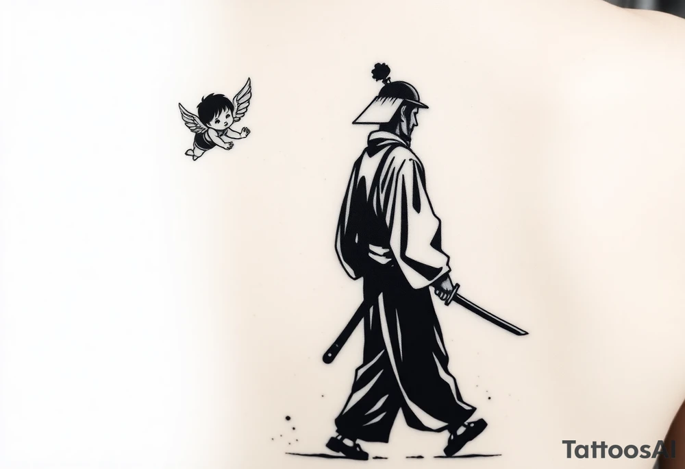 "Blackwork tattoo sketch of a lone samurai walking forward, shown in dramatic silhouette style. The samurai wears traditional kimono and hakama, holding a katana in one hand with the blade pointing downward. Behind him floats a small child angel with detailed feathered wings, gently touching the samurai’s back with one hand, as if stopping or guiding him. Strong contrast, dynamic ink splatter, rough brush strokes, Japanese sumi-e vibe, emotional and symbolic composition, high detail linework, no background." tattoo idea