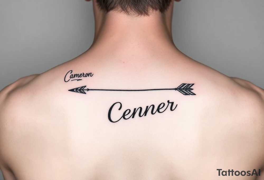 1 fine line  feminine arrow that incorporates the name Cameron and another fine line feminine arrow that incorporates the name Connor tattoo idea