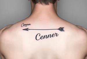 1 fine line  feminine arrow that incorporates the name Cameron and another fine line feminine arrow that incorporates the name Connor tattoo idea