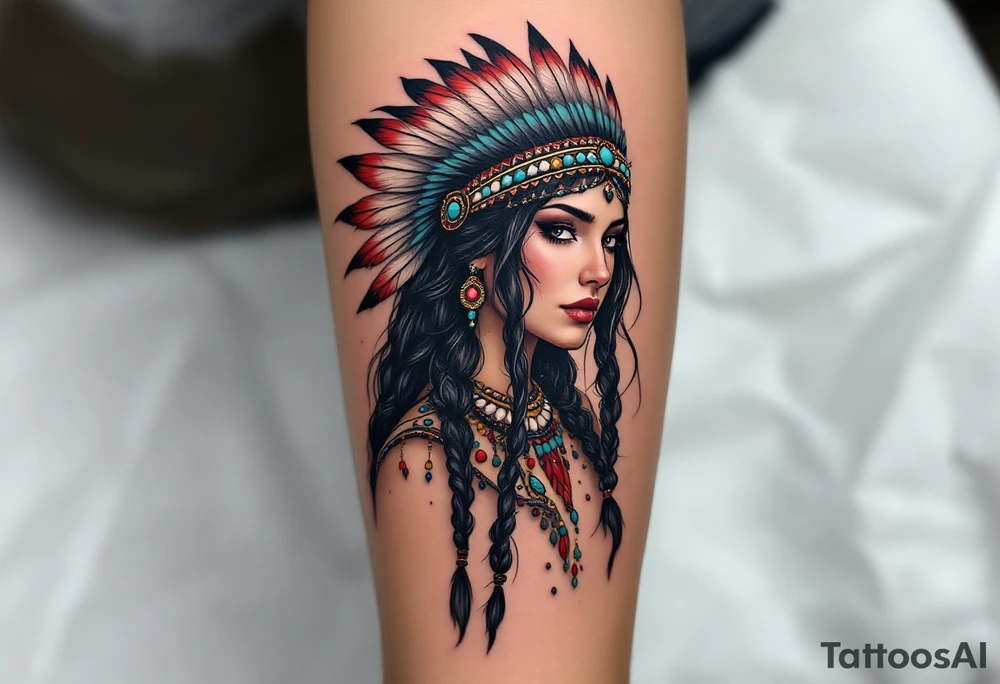 A Native American woman with long black braided hair adorned with turquoise beads and a feathered headdress in red, white, and black. tattoo idea