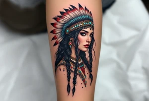A Native American woman with long black braided hair adorned with turquoise beads and a feathered headdress in red, white, and black. tattoo idea