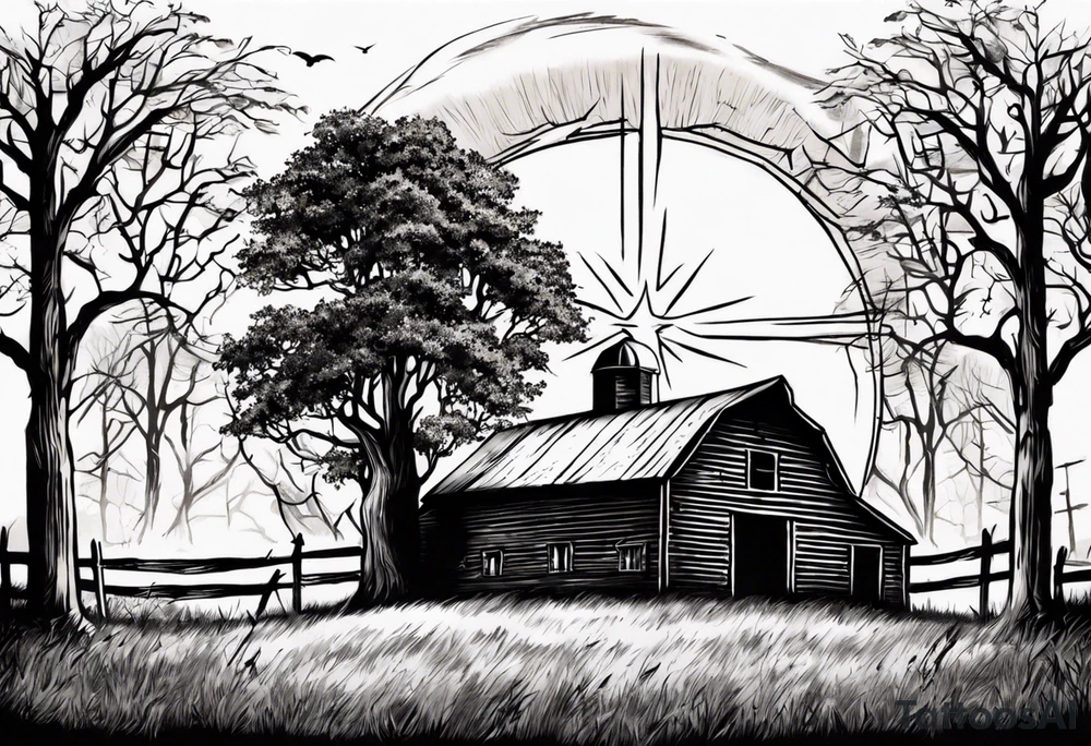 barn with a tree in front and woods behind with a sun being down showing a cross tattoo idea