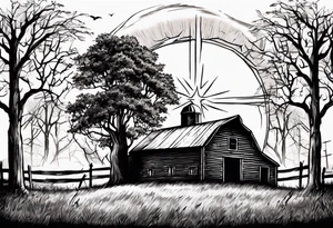 barn with a tree in front and woods behind with a sun being down showing a cross tattoo idea