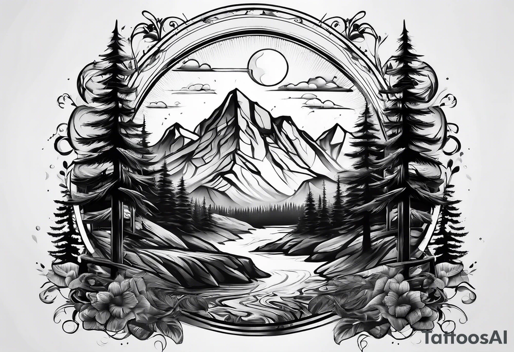 Full sleeve tattoo that symbolizes Family Love, memories of deceased family, mental health, adventure in mountains tattoo idea