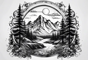 Full sleeve tattoo that symbolizes Family Love, memories of deceased family, mental health, adventure in mountains tattoo idea