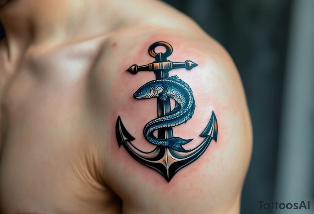 Catfish Wrapped Around Anchor – A dark blue-gray catfish coiled protectively around a weathered iron anchor, symbolizing strength, grounding, and loyalty. tattoo idea