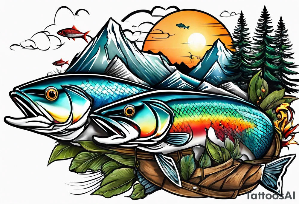 Mountains fishing tattoo idea