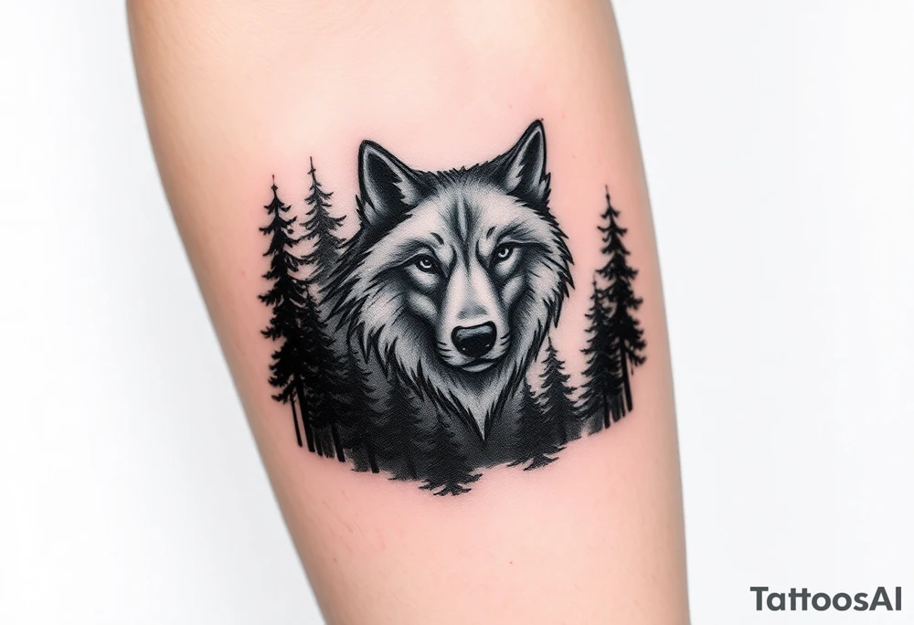 Dark wooded area with a large wolf head over the treeline tattoo idea