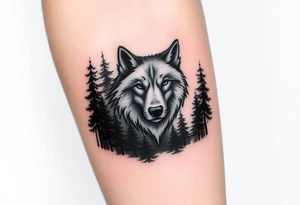 Dark wooded area with a large wolf head over the treeline tattoo idea