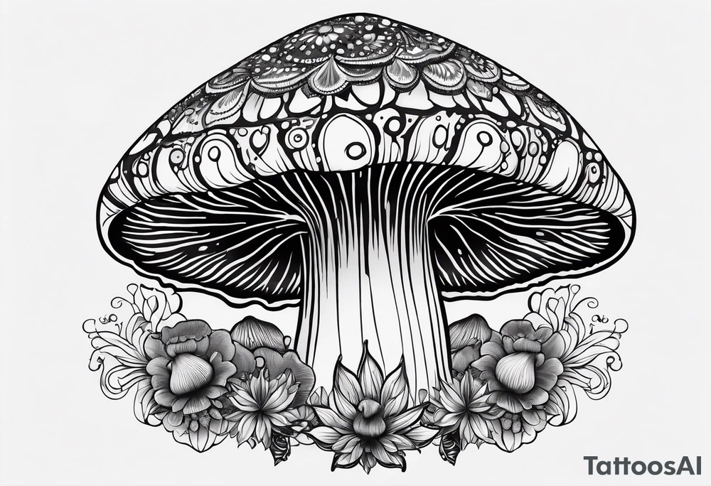 Large Shaggy cap mushroom dripping ink off cap with 4 smaller mushrooms around it mandala henna black tattoo design tattoo idea