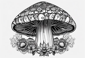 Large Shaggy cap mushroom dripping ink off cap with 4 smaller mushrooms around it mandala henna black tattoo design tattoo idea