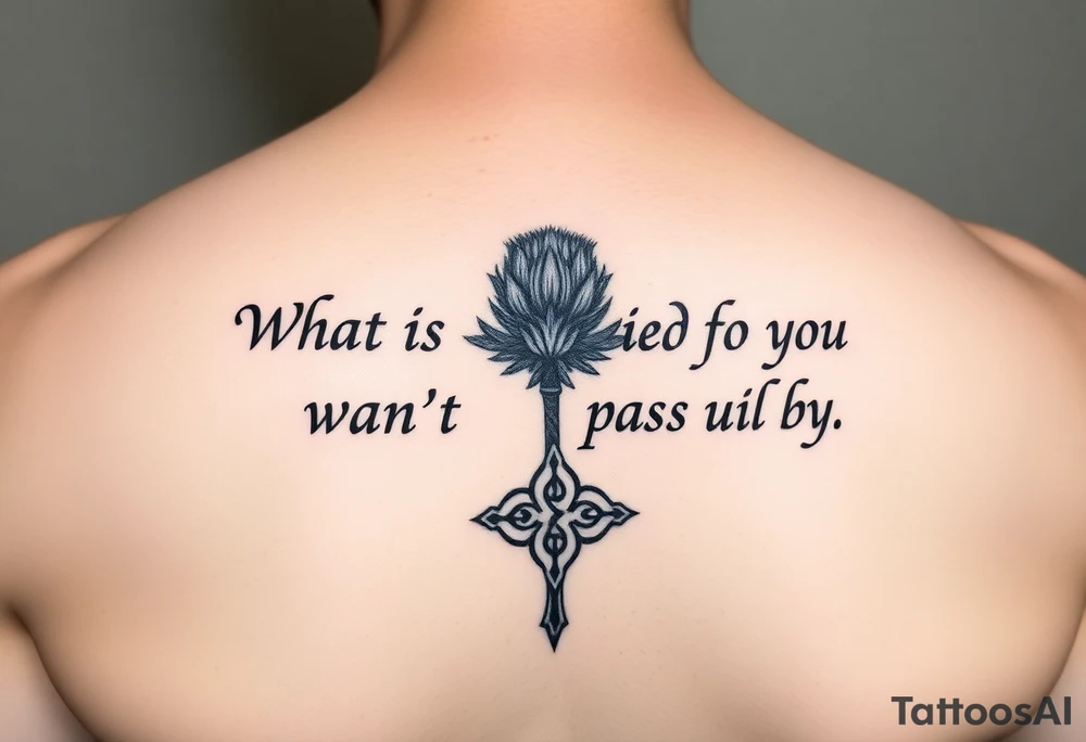 include the Scottish Gaelic translation of, "What is destined for you won't pass you by" and the Scottish thistle along with a Scottish Celtic cross. To be tattooed on the forearm tattoo idea