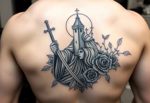 Saint Barbara carrying a sword detailed with a castle tower in the background, the sea, and roses tattoo idea