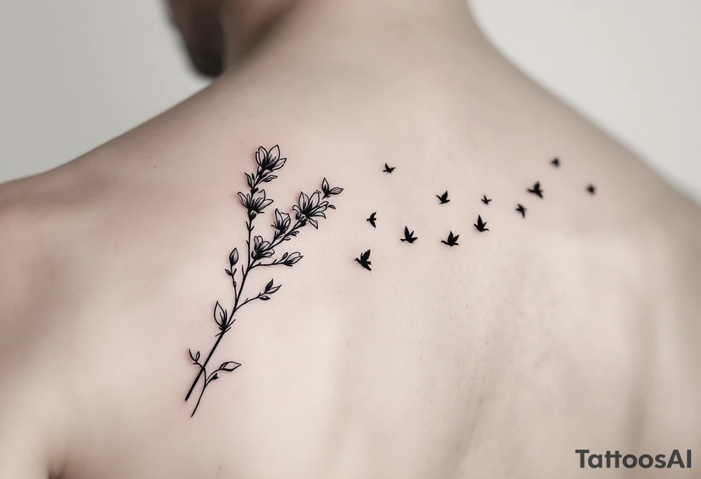 A wood violet blowing in the wind with pedals floating away turning into birds tattoo idea