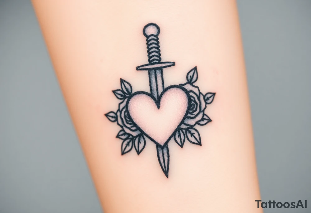 dagger piercing a heart with roses tattoo idea