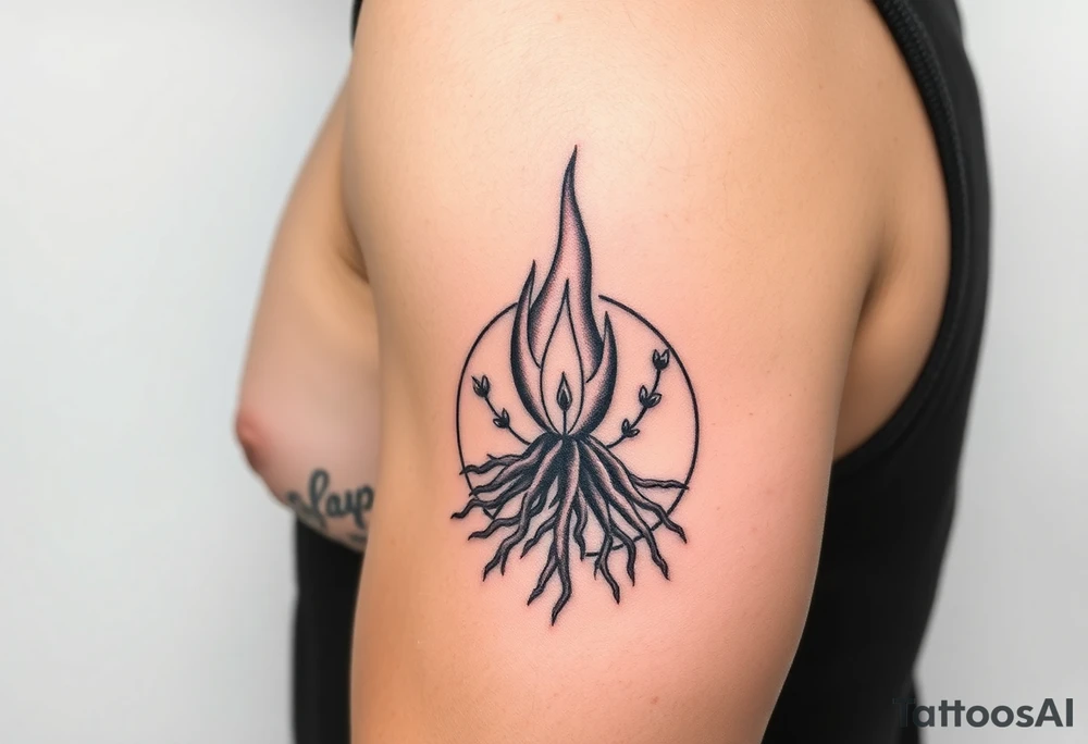 flame in a roots circle, with little sprouts on th roots tattoo idea