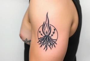 flame in a roots circle, with little sprouts on th roots tattoo idea
