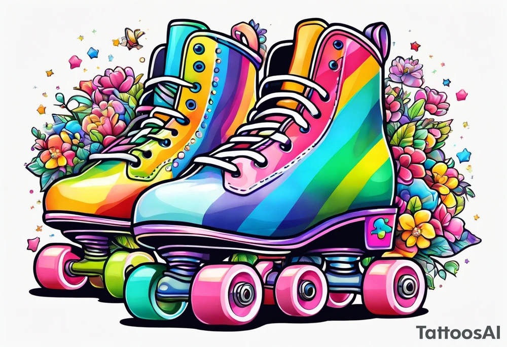 cute, pastel rainbow roller skates tattoo idea