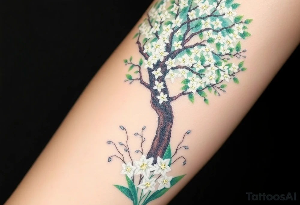 White flowering Lilly of the vally bell plants on the ground underneath a majestic blooming hawthorn tree tattoo idea