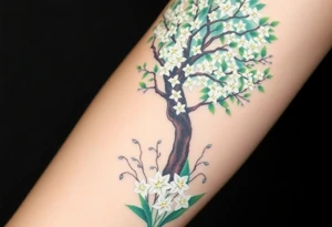 White flowering Lilly of the vally bell plants on the ground underneath a majestic blooming hawthorn tree tattoo idea