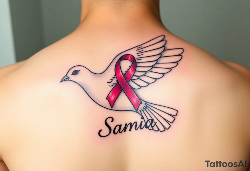 A dove carrying a breast cancer ribbon with the name Samia. tattoo idea