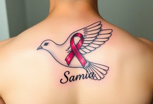 A dove carrying a breast cancer ribbon with the name Samia. tattoo idea