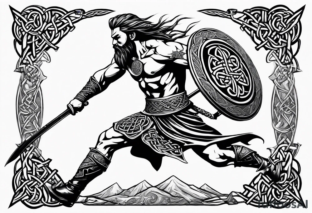 Full body side profile of Celtic warrior running into battle tattoo idea