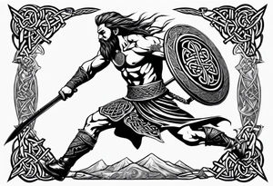 Full body side profile of Celtic warrior running into battle tattoo idea