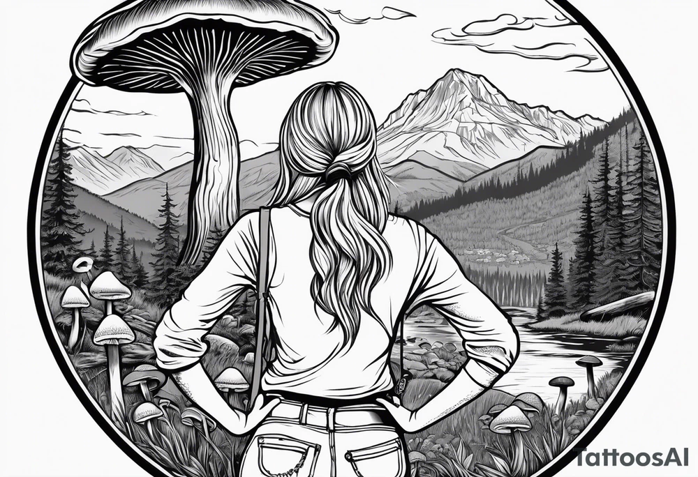 Whole picture encircled fully

Straight long blonde hair hippie girl in distance holding mushrooms in hand facing away toward mountains and creek surrounded by mushrooms long sleeve shirt and hiking pants; whole rendering within a full circle, no cut off circle tattoo idea